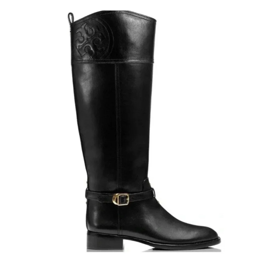 Tory Burch Marlene Black Leather Full‎ Zip Knee High Riding Boots Buckle 8 550$